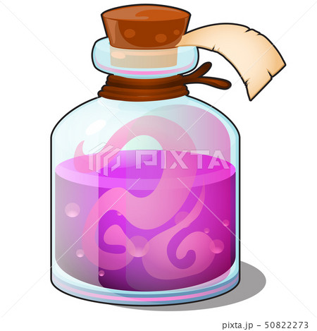 Glass bottle with pink liquid closed tube with blank label isolated on white background. Magic 50822273
