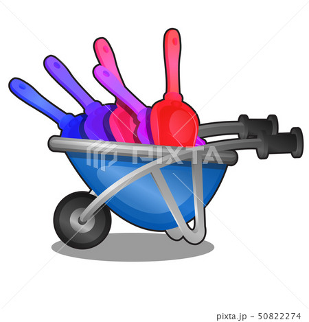 Childrens plastic colored shovels for snow in wheelbarrow isolated on white background. Sample of Childrens plastic colored shovels for snow in wheelbarrow isolated on white background. Sample of 50822274