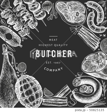 Vintage vector meat products design template. Hand 50825135