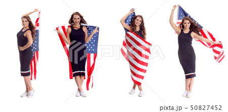 Happy young woman holding USA flag. Image isolated 50827452