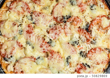 Freshly baked pizza, flat lay. Fragrant pizza 50829869