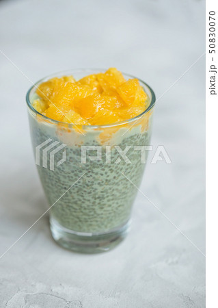 Matcha green tea chia seed pudding dessert. 50830070