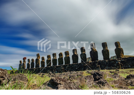 Rear view ultra long exposure of Moai statues of Ahu Tongariki on Easter Island 50830626
