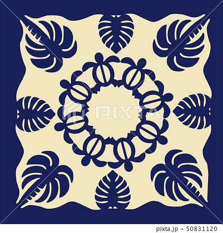 ハワイアンキルトのパターン 青 植物椰子 背景イラスト テクスチャ 夏のイメージ ベクターデータのイラスト素材 5011