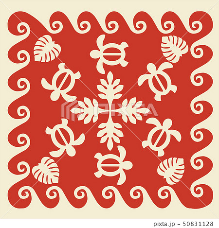 ハワイアンキルトのパターン（赤）タートル柄｜背景イラスト　テクスチャ｜夏のイメージ　ベクターデータ 50831128