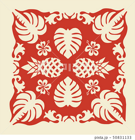 ハワイアンキルトのパターン 赤 植物 背景イラスト テクスチャ 夏のイメージ ベクターデータのイラスト素材