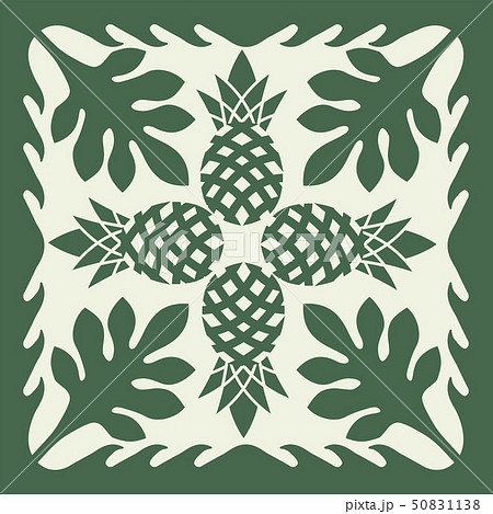 ハワイアンキルトのパターン 緑 パイナップル 背景イラスト テクスチャ 夏のイメージ ベクターデータのイラスト素材
