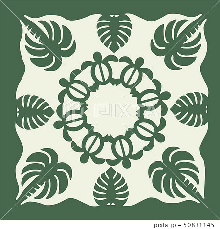 ハワイアンキルトのパターン 緑 亀椰子 背景イラスト テクスチャ 夏のイメージ ベクターデータのイラスト素材