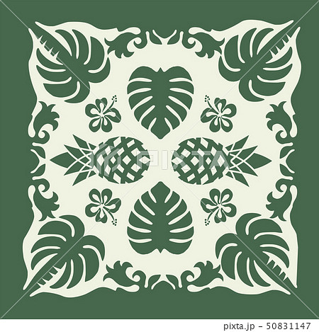 ハワイアンキルトのパターン 緑 椰子の木 背景イラスト テクスチャ 夏のイメージ ベクターデータのイラスト素材