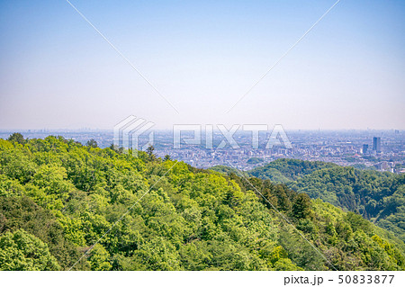 高尾山　初夏の登山道　稲荷山コース　あずま屋から東京都心方面の眺望 50833877