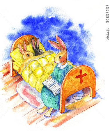 Mama-rabbit reads your children rabbit fairy book for the night. Watercolor illustration, drawn by Mama-rabbit reads your children rabbit fairy book for the night. Watercolor illustration, drawn by 50837537
