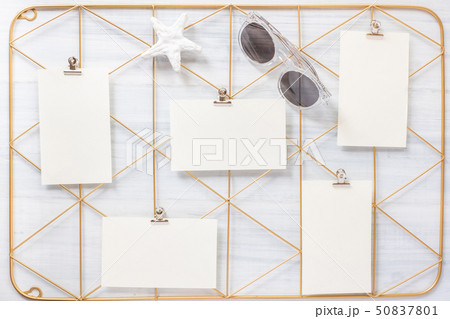 Top view set of note pad clip frame and star fish 50837801