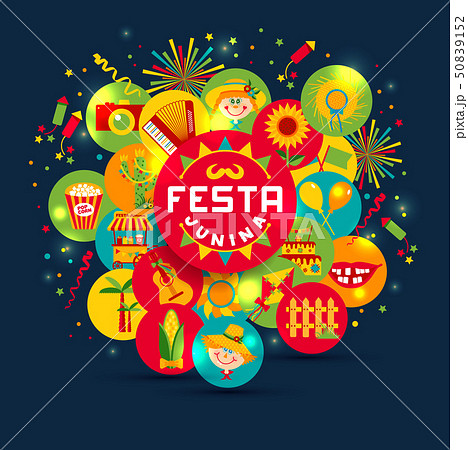 Festa Junina village festival in Latin America. Icons set in bri 50839152