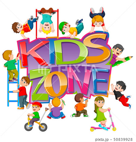 the kids zone text with the children playing  50839928