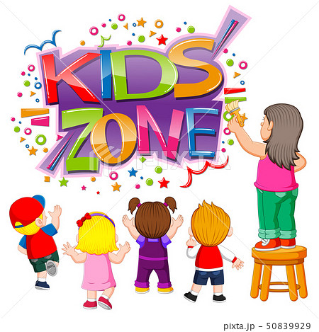 the kids zone text with the children creating it	 50839929