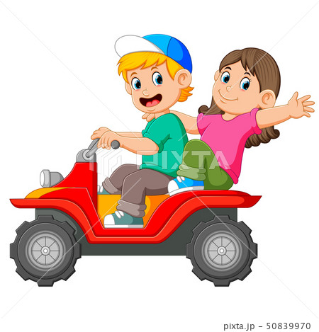 the boy and the girl are riding the ATV together	 50839970