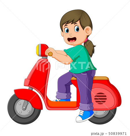 the girl is posing on the red scooter	 50839971