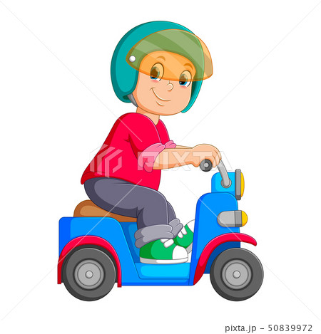 the man is riding on the blue scooter  50839972