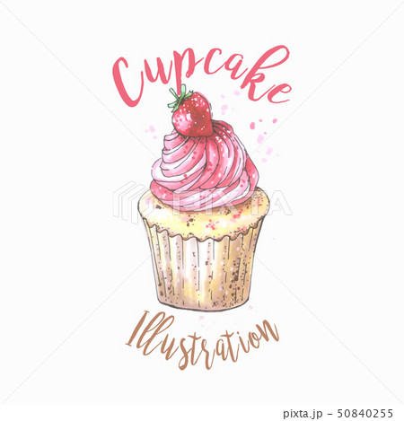 Hand drawn vanilla cupcake with strawberry on top, vintage colorful food sketches, isolated on white 50840255