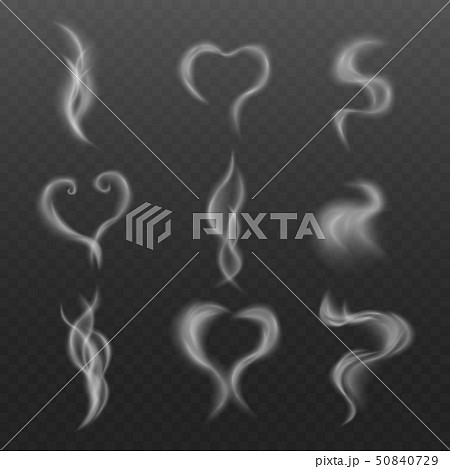Steam smoke realistic set various shaped on dark background isolated vector. 50840729