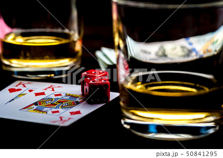 Playing Cards, Red Gaming Dices And Glasses of Whiskey Playing Cards, Red Gaming Dices And Glasses of Whiskey 50841295