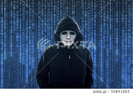 Hooded computer hacker with white mask Hooded computer hacker with white mask 50841803