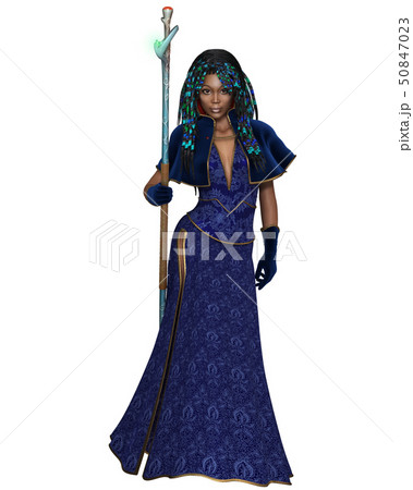 Black Female Sorceress with Magic Staff - front 50847023