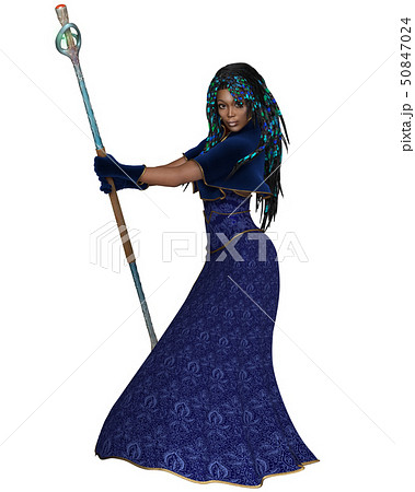 Black Female Sorceress with Magic Staff - side 50847024