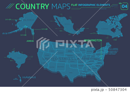United States of America, Alaska, Hawaii, Mexico, Canada and Brazil Vector Maps 50847304