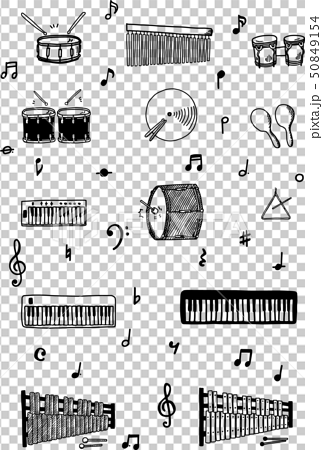 幼稚園 学校で使う合奏用の楽器モノクロイラストのイラスト素材