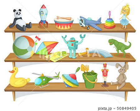 Illustration of childrens store with funny cartoon toys on shelves. Vector set 50849405
