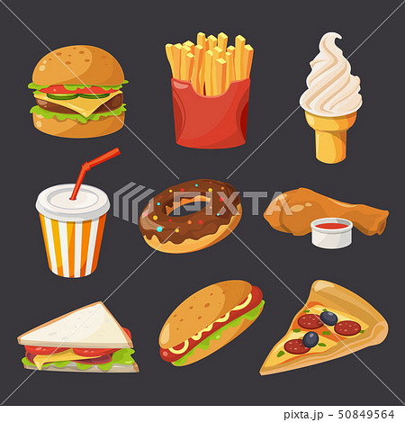 Fast food illustration in cartoon style. Pictures of burger, cold drinks, tacos and hotdog 50849564