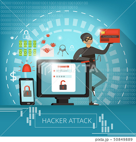 Concept illustration of computer crime and hacker mascot. Vector pictures Concept illustration of computer crime and hacker mascot. Vector pictures 50849889