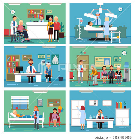 Medical personnel at work. Nurse doctor and patients in hospital interiors. Vector illustration 50849909