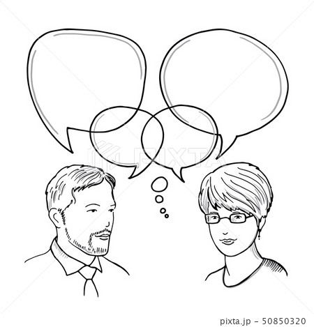 Hand drawn illustration of dialog between man and woman. Human business communication vector concept 50850320
