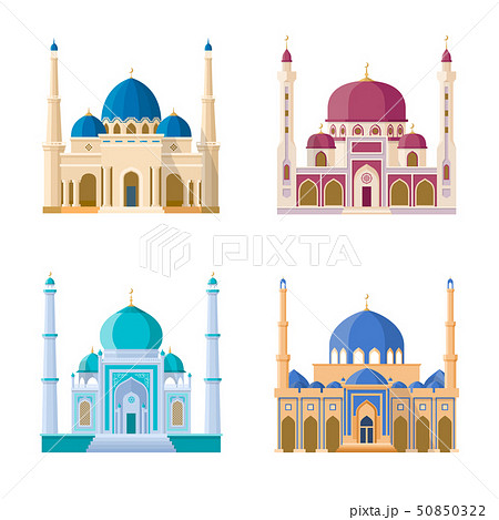 Vector set of four mosques. Arabic religion buildings. Cartoon illustrations set isolate on white 50850322