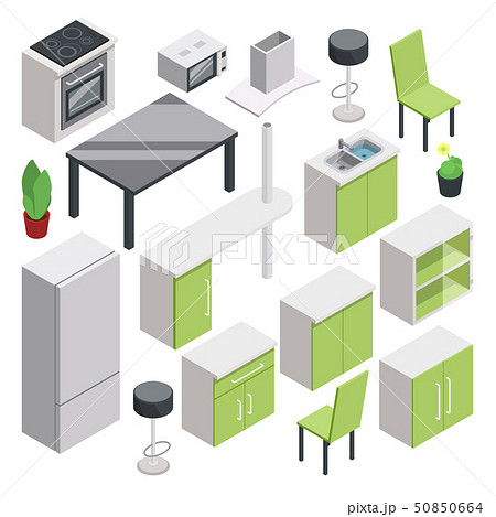 3d room design. Vector isometric furniture set for kitchen 50850664
