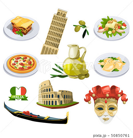 Different traditional elements and symbols of italy, venice. Travel vector illustrations in cartoon 50850761