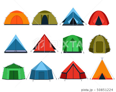 Different tourists tents for camping. Vector pictures in flat style Different tourists tents for camping. Vector pictures in flat style 50851224