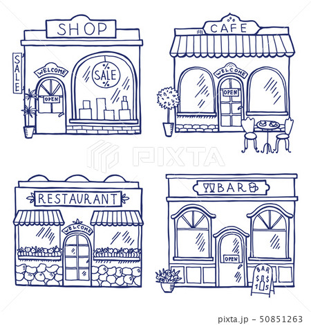 Hand drawn illustration of different buildings and market places. Restaurant, cafe, bar and shop 50851263
