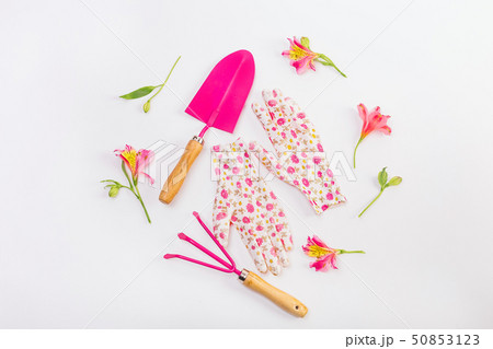 female set tools working garden pink flowers 50853123