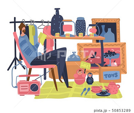 Market seller. Traditional flea market with secondhand clothes toy and bazaar salesman vector Market seller. Traditional flea market with secondhand clothes toy and bazaar salesman vector 50853289