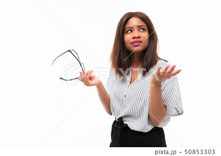 portrait of attractive young afro-american girl possing with glasses on background portrait of attractive young afro-american girl possing with glasses on background 50853303