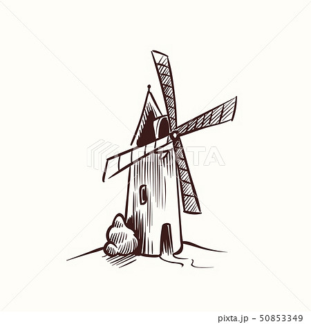 Mill sketch. village old rural windmill on agriculture ecology field of netherlands farm vector 50853349