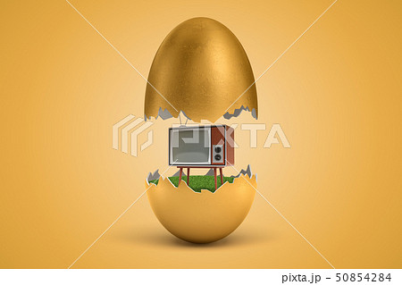 3d rendering of gold egg cracked in two, upper half levitating in air, retro TV set standing on 50854284
