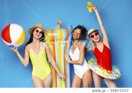 Cute Diverse Girlfriends Going to Chill Out At Beach Party 50855327