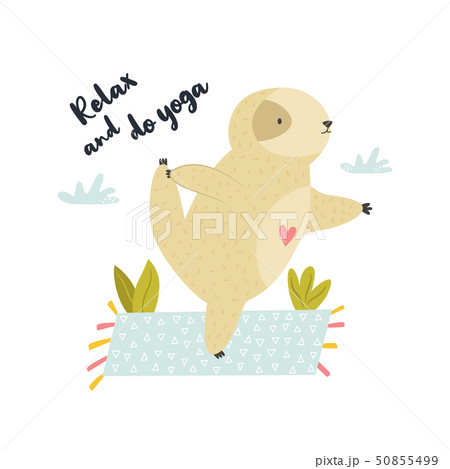 Funny Sloth Practicing Yoga And Lettering Textのイラスト素材 Funny Sloth Practicing Yoga And Lettering Textのイラスト素材