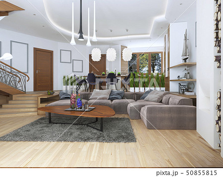 Living room with a large corner sofa from a fabric 50855815