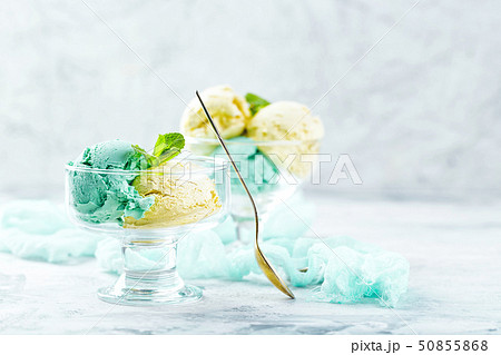 Ice cream with mint in ceramic bowl 50855868