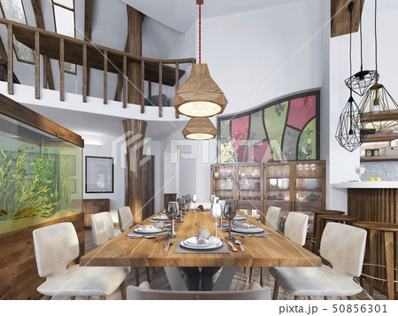 Modern dining room built into the kitchen space. Modern dining room built into the kitchen space. 50856301